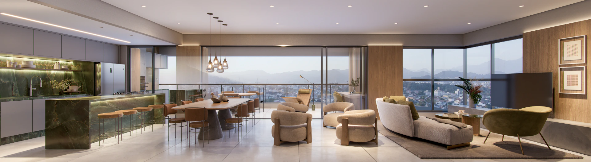 Apartamento integrado do Dom Aloysio com cozinha, sala de jantar, estar e vista para Botucatu